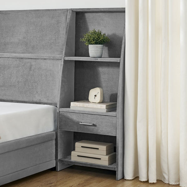 English Elm King Platform Bed Glossy Velvet Headboard Built in Shelves Drawers Modern Bedroom Gray W487S00587