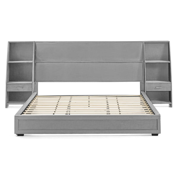 English Elm King Platform Bed Glossy Velvet Headboard Built in Shelves Drawers Modern Bedroom Gray W487S00587