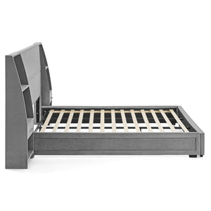 English Elm King Platform Bed Glossy Velvet Headboard Built in Shelves Drawers Modern Bedroom Gray W487S00587