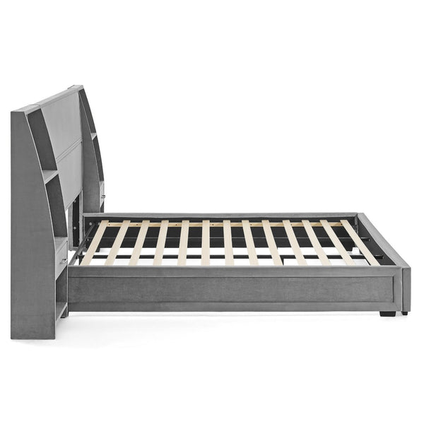 English Elm King Platform Bed Glossy Velvet Headboard Built in Shelves Drawers Modern Bedroom Gray W487S00587