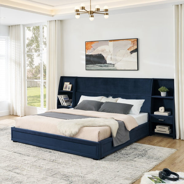 English Elm King Platform Bed Glossy Velvet Headboard Built in Shelves Drawers Modern Bedroom Dark Blue W487S00588