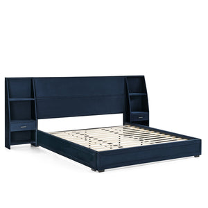 English Elm King Platform Bed Glossy Velvet Headboard Built in Shelves Drawers Modern Bedroom Dark Blue W487S00588