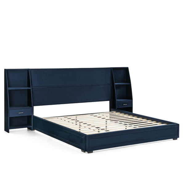 English Elm King Platform Bed Glossy Velvet Headboard Built in Shelves Drawers Modern Bedroom Dark Blue W487S00588