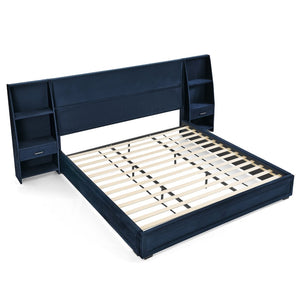 English Elm King Platform Bed Glossy Velvet Headboard Built in Shelves Drawers Modern Bedroom Dark Blue W487S00588