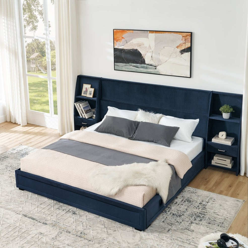 English Elm King Platform Bed Glossy Velvet Headboard Built in Shelves Drawers Modern Bedroom Dark Blue W487S00588