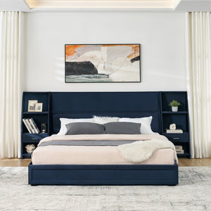 English Elm King Platform Bed Glossy Velvet Headboard Built in Shelves Drawers Modern Bedroom Dark Blue W487S00588