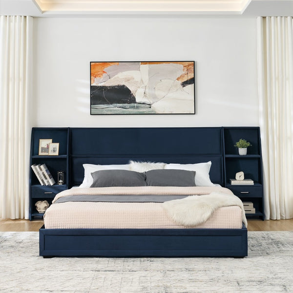 English Elm King Platform Bed Glossy Velvet Headboard Built in Shelves Drawers Modern Bedroom Dark Blue W487S00588