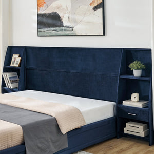 English Elm King Platform Bed Glossy Velvet Headboard Built in Shelves Drawers Modern Bedroom Dark Blue W487S00588