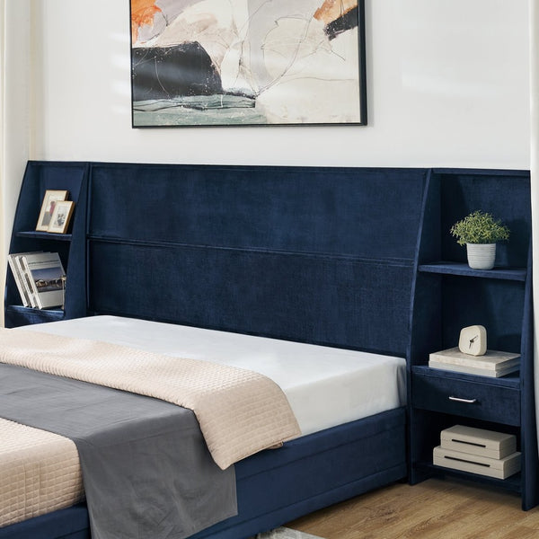 English Elm King Platform Bed Glossy Velvet Headboard Built in Shelves Drawers Modern Bedroom Dark Blue W487S00588