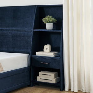 English Elm King Platform Bed Glossy Velvet Headboard Built in Shelves Drawers Modern Bedroom Dark Blue W487S00588