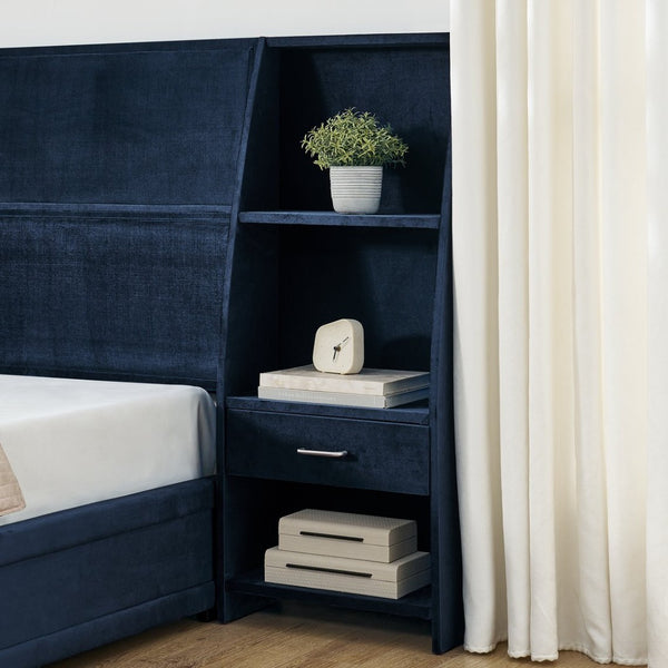 English Elm King Platform Bed Glossy Velvet Headboard Built in Shelves Drawers Modern Bedroom Dark Blue W487S00588