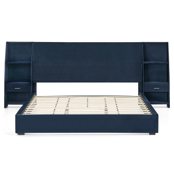 English Elm King Platform Bed Glossy Velvet Headboard Built in Shelves Drawers Modern Bedroom Dark Blue W487S00588