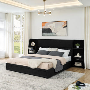 English Elm King Platform Bed Glossy Velvet Headboard Built in Shelves Drawers Modern Bedroom Black W487S00589