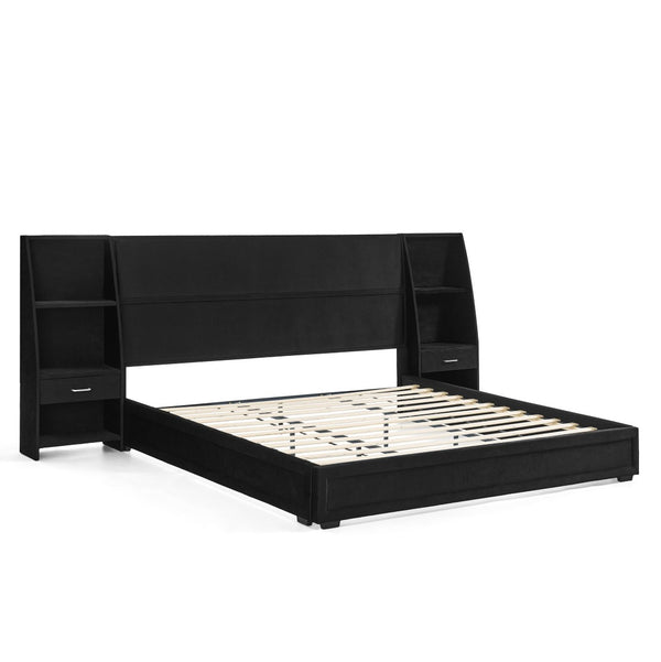 English Elm King Platform Bed Glossy Velvet Headboard Built in Shelves Drawers Modern Bedroom Black W487S00589
