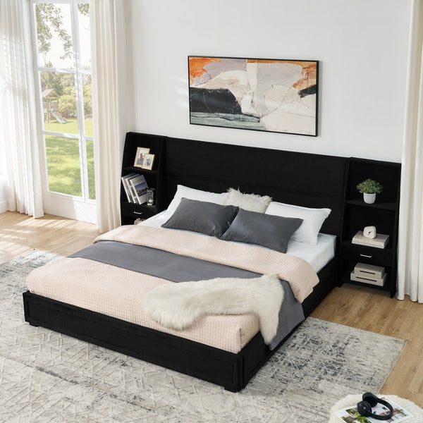 English Elm King Platform Bed Glossy Velvet Headboard Built in Shelves Drawers Modern Bedroom Black W487S00589