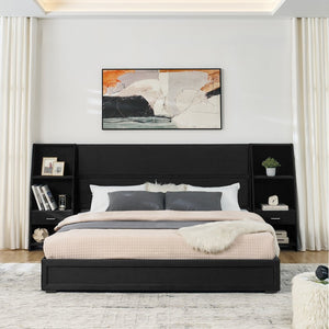 English Elm King Platform Bed Glossy Velvet Headboard Built in Shelves Drawers Modern Bedroom Black W487S00589