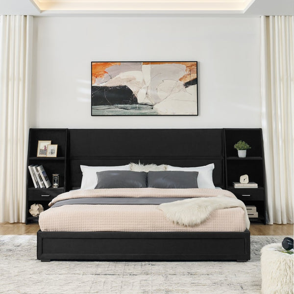 English Elm King Platform Bed Glossy Velvet Headboard Built in Shelves Drawers Modern Bedroom Black W487S00589