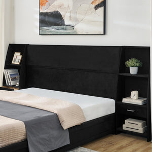 English Elm King Platform Bed Glossy Velvet Headboard Built in Shelves Drawers Modern Bedroom Black W487S00589
