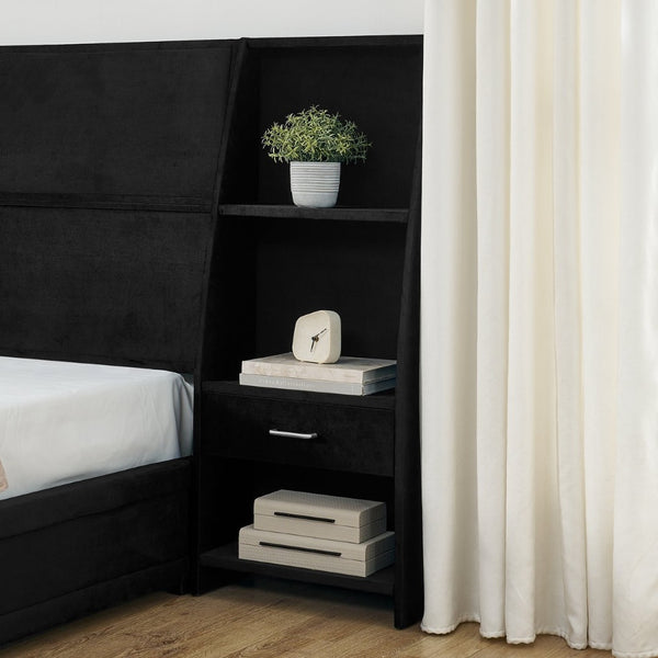 English Elm King Platform Bed Glossy Velvet Headboard Built in Shelves Drawers Modern Bedroom Black W487S00589