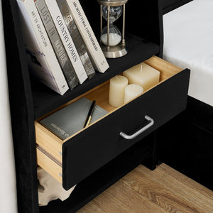 English Elm King Platform Bed Glossy Velvet Headboard Built in Shelves Drawers Modern Bedroom Black W487S00589