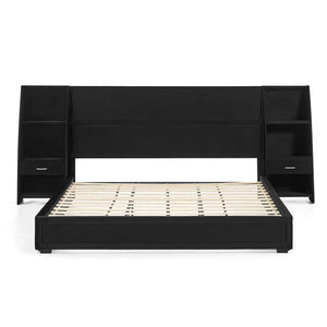 English Elm King Platform Bed Glossy Velvet Headboard Built in Shelves Drawers Modern Bedroom Black W487S00589