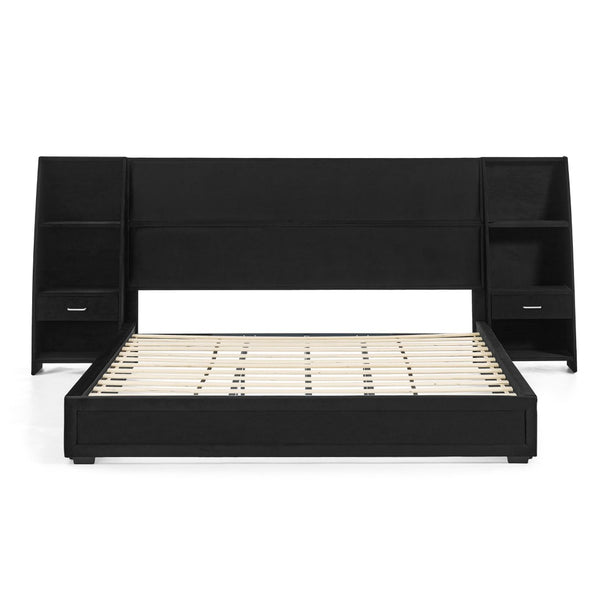 English Elm King Platform Bed Glossy Velvet Headboard Built in Shelves Drawers Modern Bedroom Black W487S00589