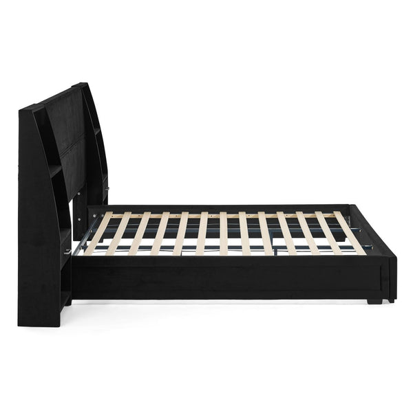 English Elm King Platform Bed Glossy Velvet Headboard Built in Shelves Drawers Modern Bedroom Black W487S00589