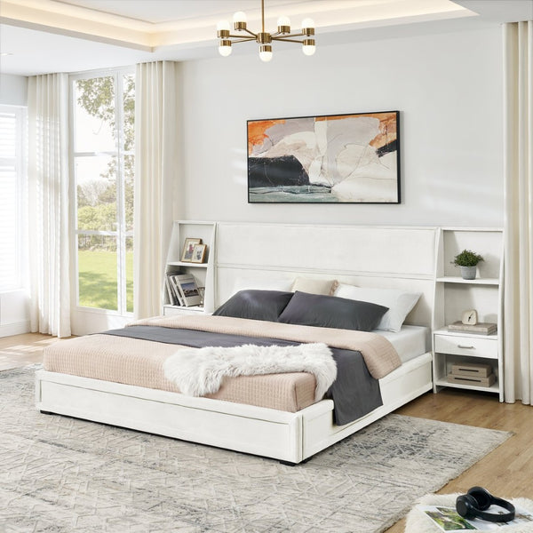 English Elm King Platform Bed Glossy Velvet Headboard Built in Shelves Drawers Modern Bedroom Beige W487S00590