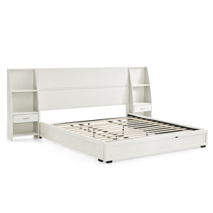 English Elm King Platform Bed Glossy Velvet Headboard Built in Shelves Drawers Modern Bedroom Beige W487S00590