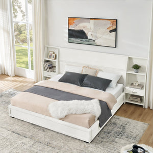 English Elm King Platform Bed Glossy Velvet Headboard Built in Shelves Drawers Modern Bedroom Beige W487S00590