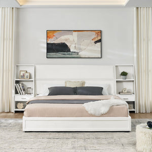 English Elm King Platform Bed Glossy Velvet Headboard Built in Shelves Drawers Modern Bedroom Beige W487S00590
