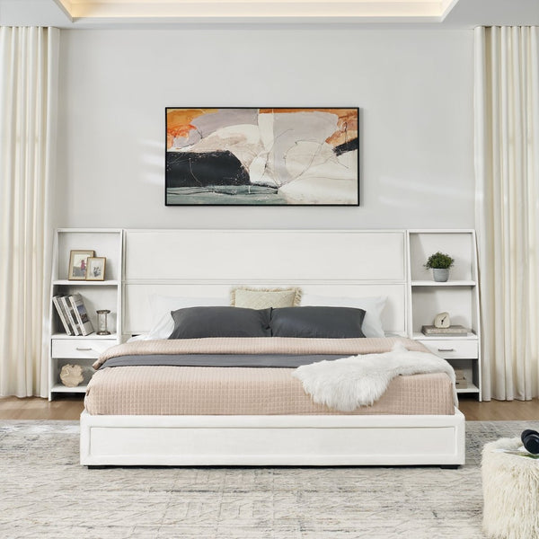 English Elm King Platform Bed Glossy Velvet Headboard Built in Shelves Drawers Modern Bedroom Beige W487S00590