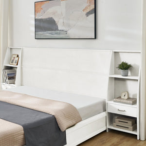 English Elm King Platform Bed Glossy Velvet Headboard Built in Shelves Drawers Modern Bedroom Beige W487S00590