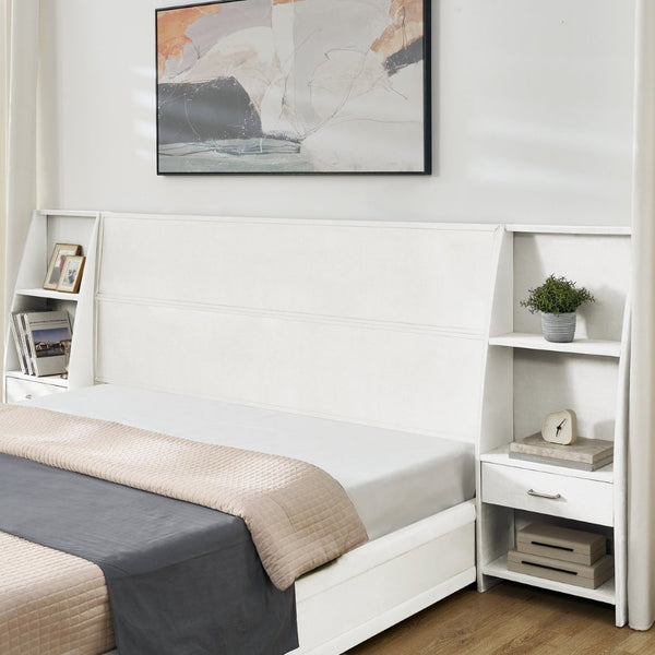English Elm King Platform Bed Glossy Velvet Headboard Built in Shelves Drawers Modern Bedroom Beige W487S00590