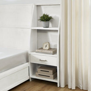 English Elm King Platform Bed Glossy Velvet Headboard Built in Shelves Drawers Modern Bedroom Beige W487S00590