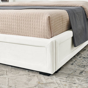 English Elm King Platform Bed Glossy Velvet Headboard Built in Shelves Drawers Modern Bedroom Beige W487S00590