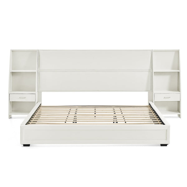 English Elm King Platform Bed Glossy Velvet Headboard Built in Shelves Drawers Modern Bedroom Beige W487S00590