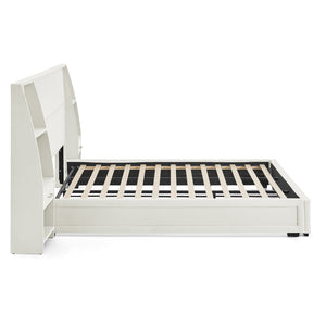 English Elm King Platform Bed Glossy Velvet Headboard Built in Shelves Drawers Modern Bedroom Beige W487S00590