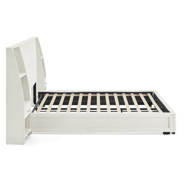 English Elm King Platform Bed Glossy Velvet Headboard Built in Shelves Drawers Modern Bedroom Beige W487S00590