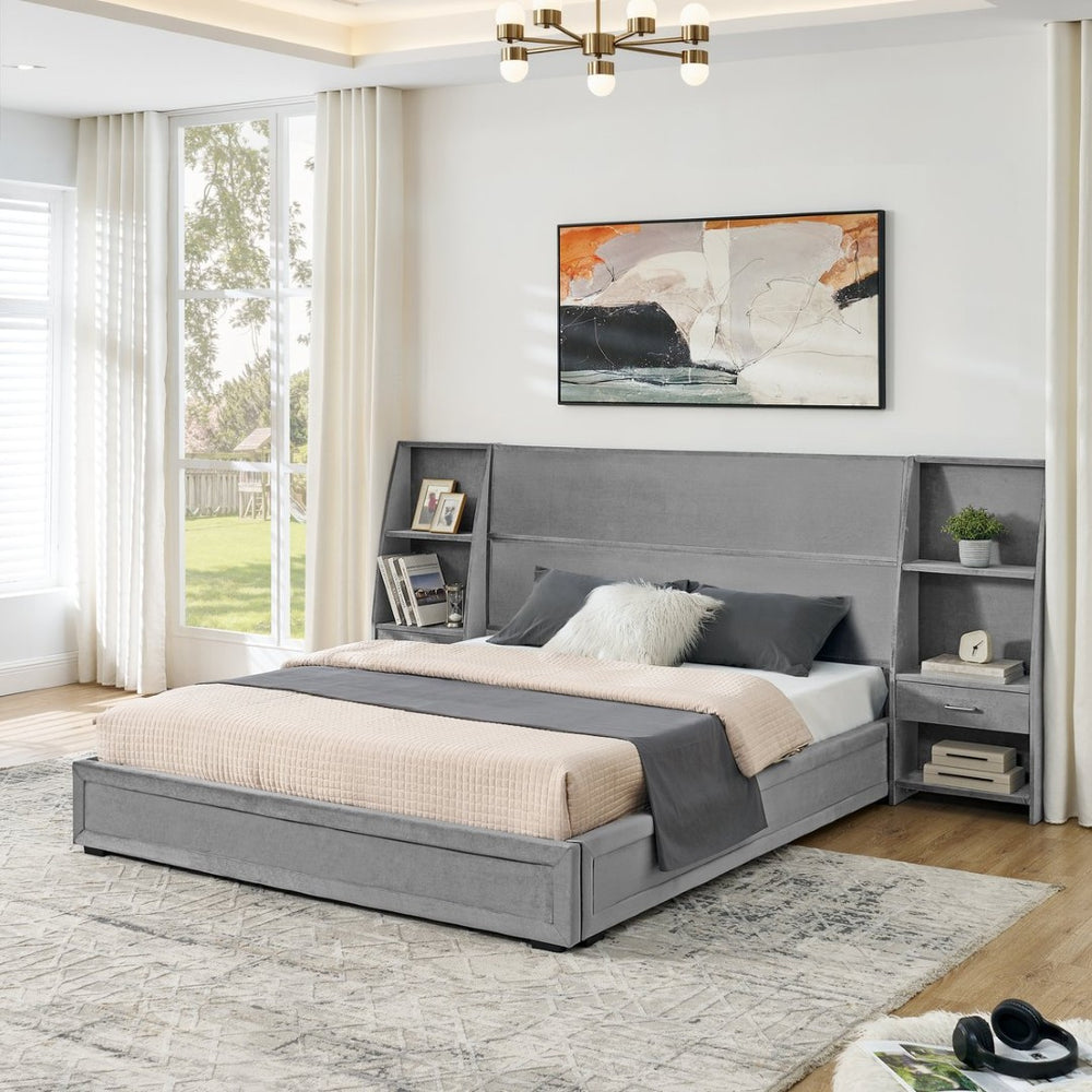 English Elm Queen Platform Bed Glossy Velvet Headboard with Built-in Shelves and Storage Drawers Gray W487S00591