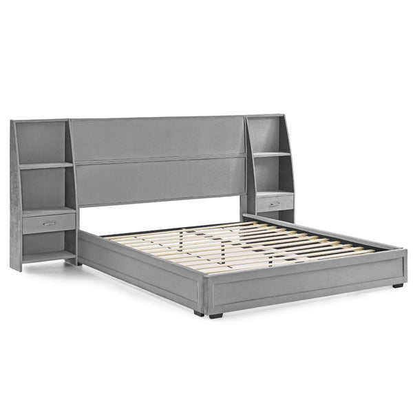 English Elm Queen Platform Bed Glossy Velvet Headboard with Built-in Shelves and Storage Drawers Gray W487S00591