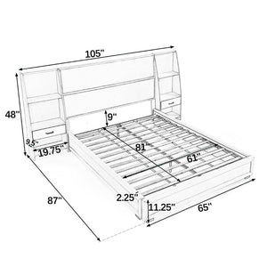 English Elm Queen Platform Bed Glossy Velvet Headboard with Built-in Shelves and Storage Drawers Gray W487S00591