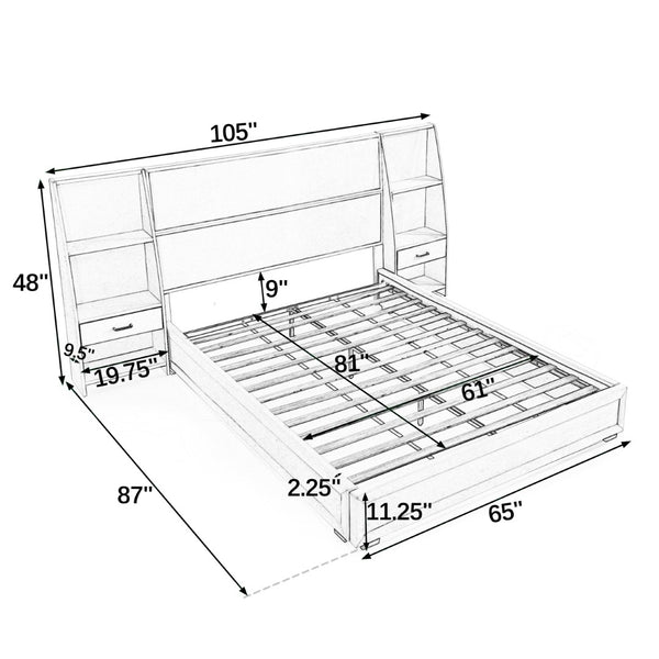 English Elm Queen Platform Bed Glossy Velvet Headboard with Built-in Shelves and Storage Drawers Gray W487S00591