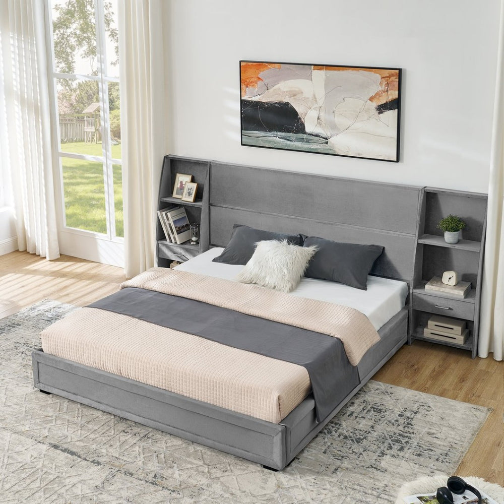 English Elm Queen Platform Bed Glossy Velvet Headboard with Built-in Shelves and Storage Drawers Gray W487S00591