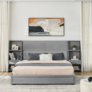 English Elm Queen Platform Bed Glossy Velvet Headboard with Built-in Shelves and Storage Drawers Gray W487S00591