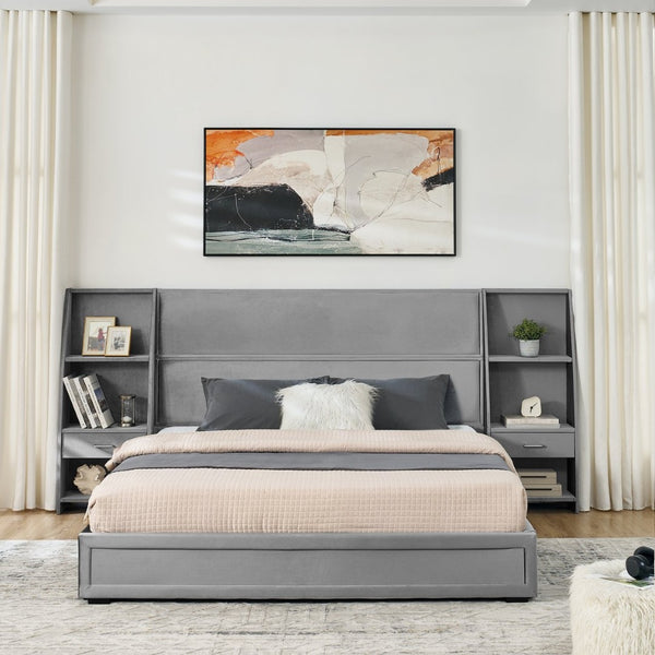 English Elm Queen Platform Bed Glossy Velvet Headboard with Built-in Shelves and Storage Drawers Gray W487S00591