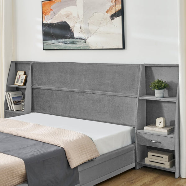 English Elm Queen Platform Bed Glossy Velvet Headboard with Built-in Shelves and Storage Drawers Gray W487S00591