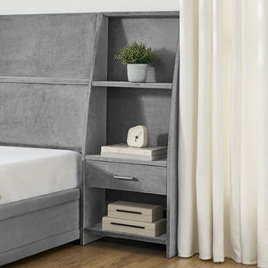 English Elm Queen Platform Bed Glossy Velvet Headboard with Built-in Shelves and Storage Drawers Gray W487S00591