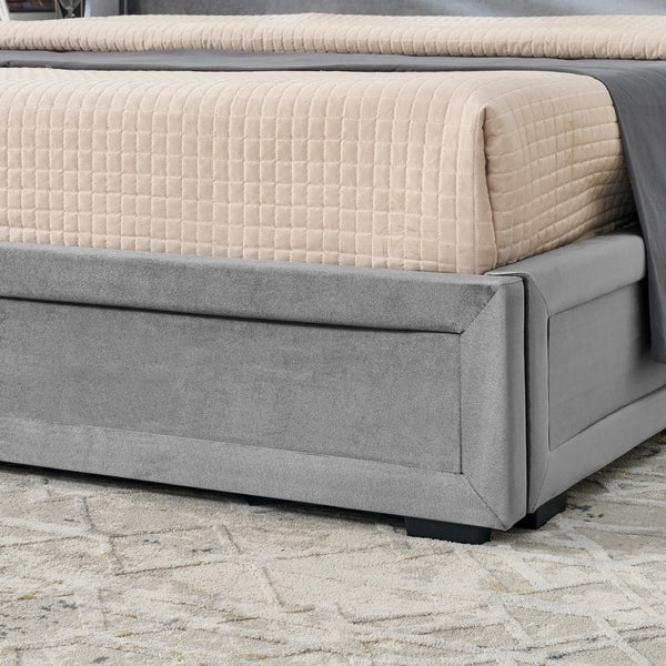 English Elm Queen Platform Bed Glossy Velvet Headboard with Built-in Shelves and Storage Drawers Gray W487S00591