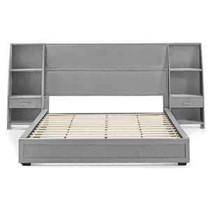 English Elm Queen Platform Bed Glossy Velvet Headboard with Built-in Shelves and Storage Drawers Gray W487S00591